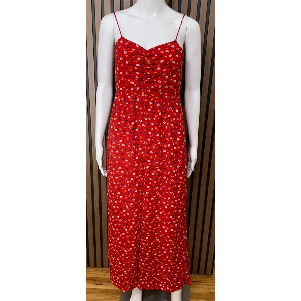 Madewell Red Floral Wide Leg Jumpsuit Smocked Back Ruched Sweetheart Size 00